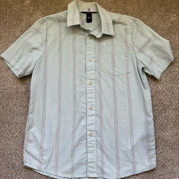 Volcom Boys Blue Striped Button Down Shirt Sz S 8 - Picture 1 of 4